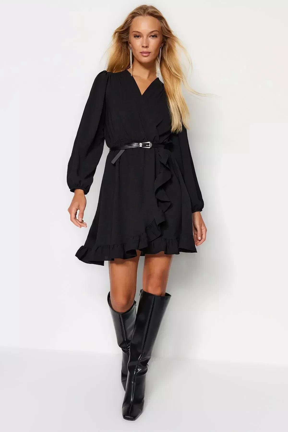 Black Mini Ruffles Woven Dress, BLACK, large image number 5