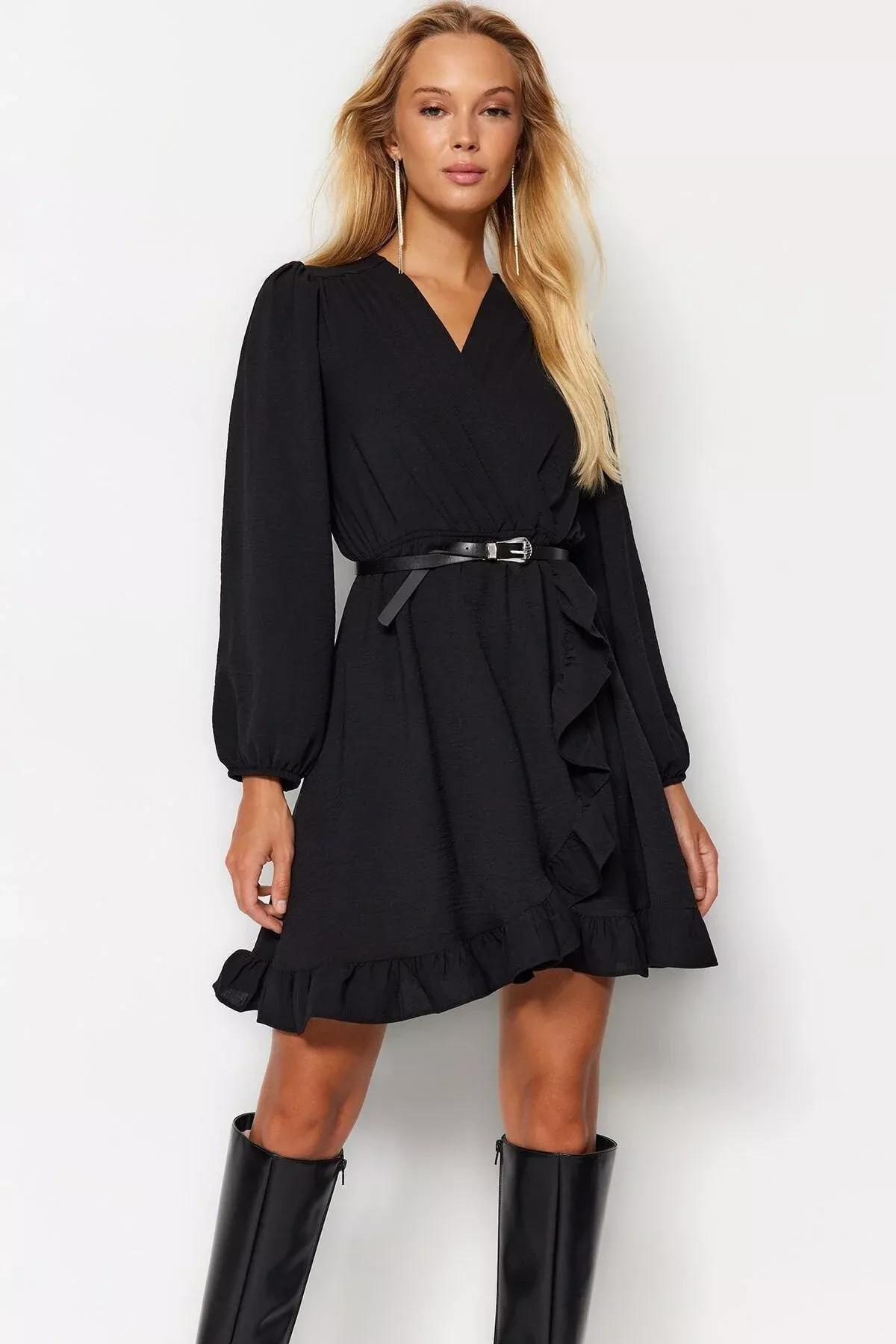 Black Mini Ruffles Woven Dress, BLACK, large image number 6