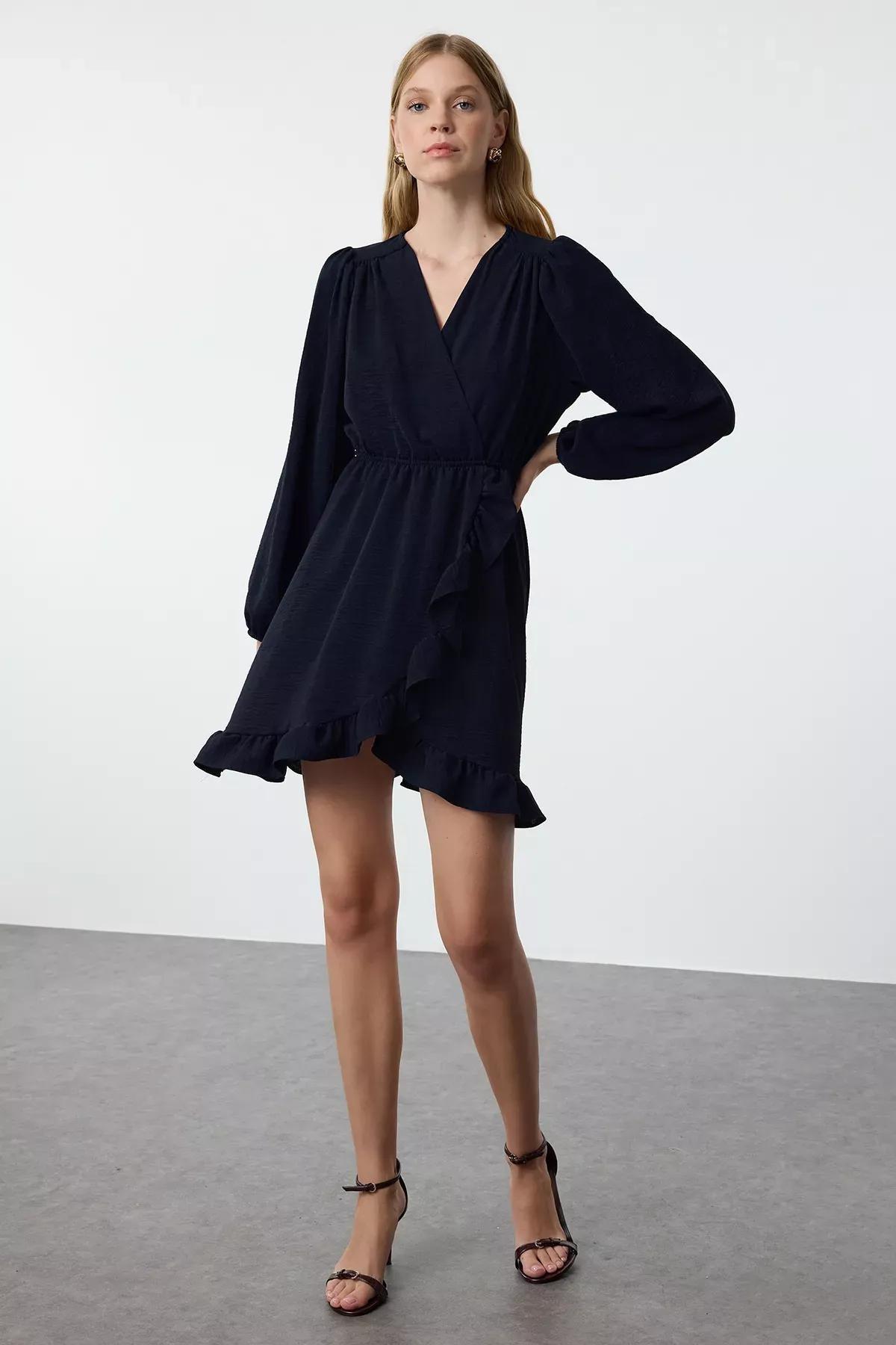 Navy Belted Mini Flounce Dress, , large image number 0
