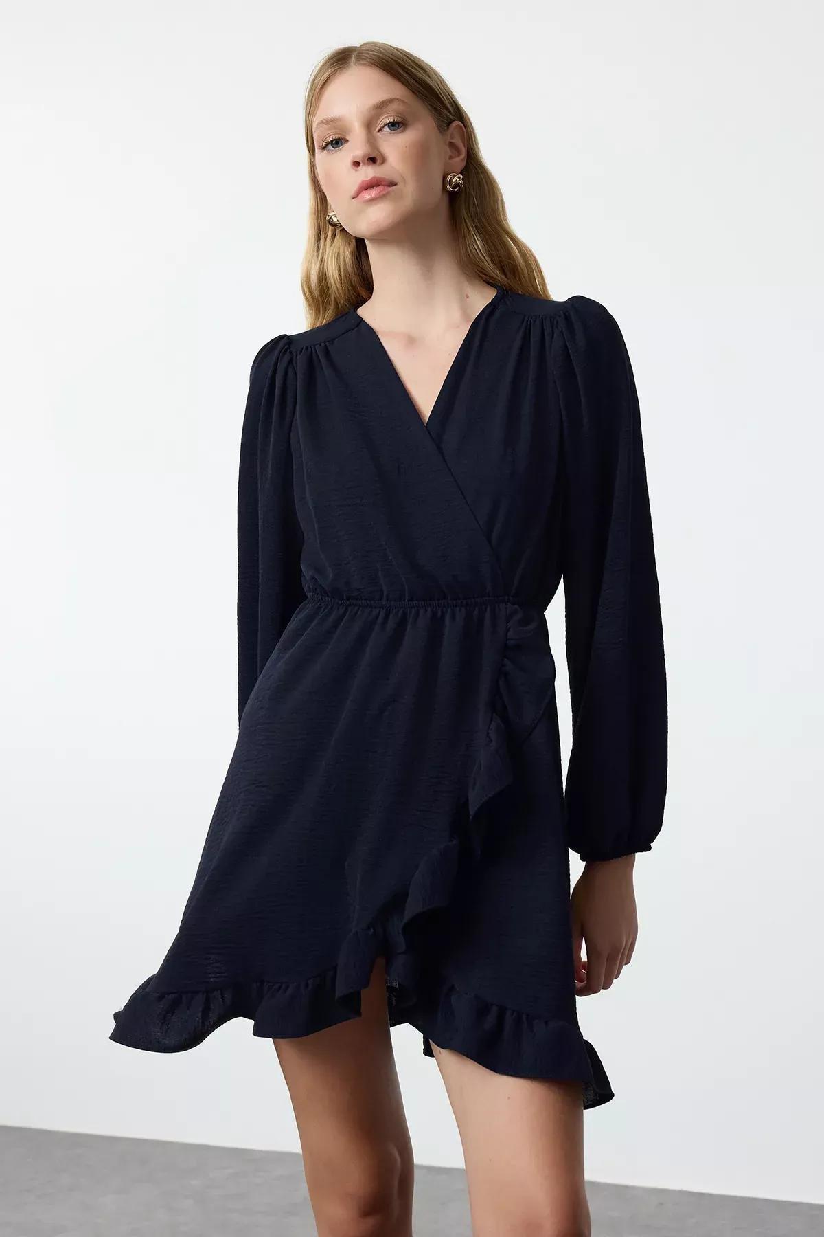 Navy Belted Mini Flounce Dress, , large image number 1