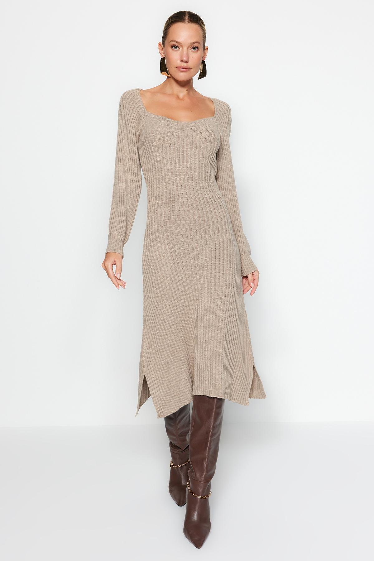 Beige Midi Knitwear Dress, , large image number 0