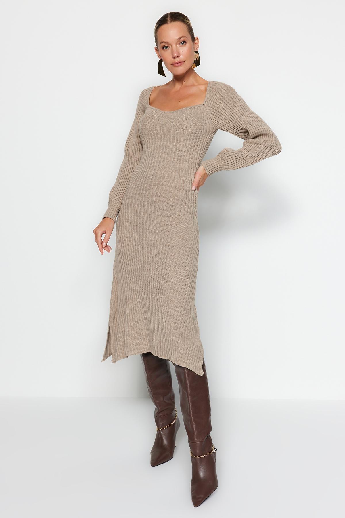Beige Midi Knitwear Dress, , large image number 1