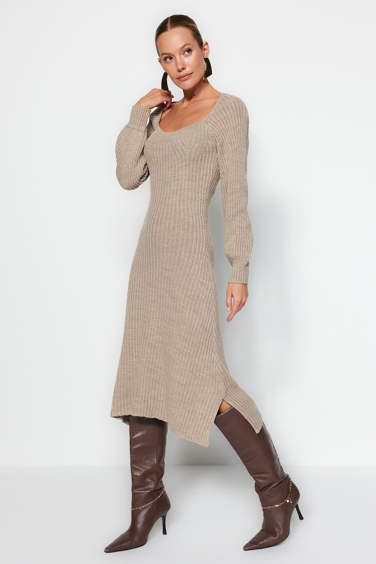 Beige Midi Knitwear Dress, , large image number 2