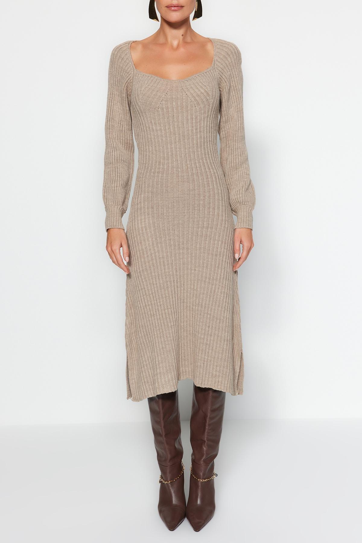 Beige Midi Knitwear Dress, , large image number 3