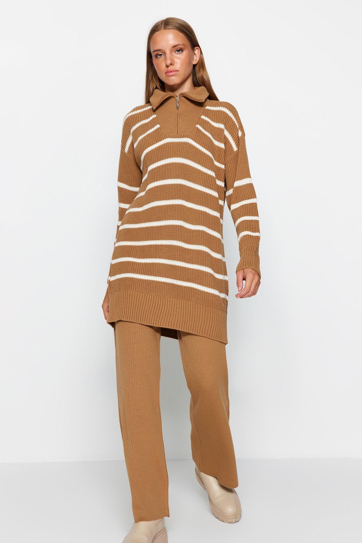 Brown Zipper Striped Knitwear Co-Ord, CAMEL, large image number 0