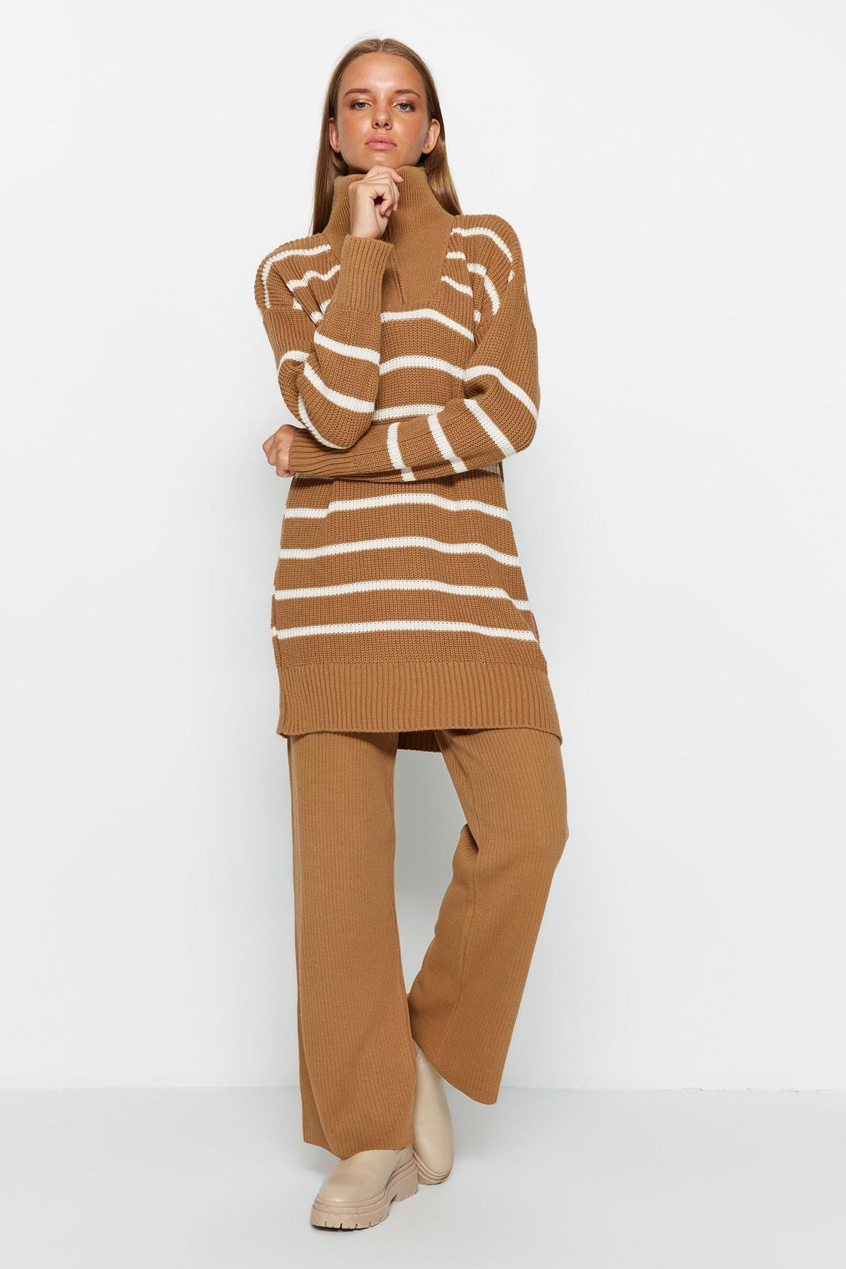 Brown Zipper Striped Knitwear Co-Ord, CAMEL, large image number 1