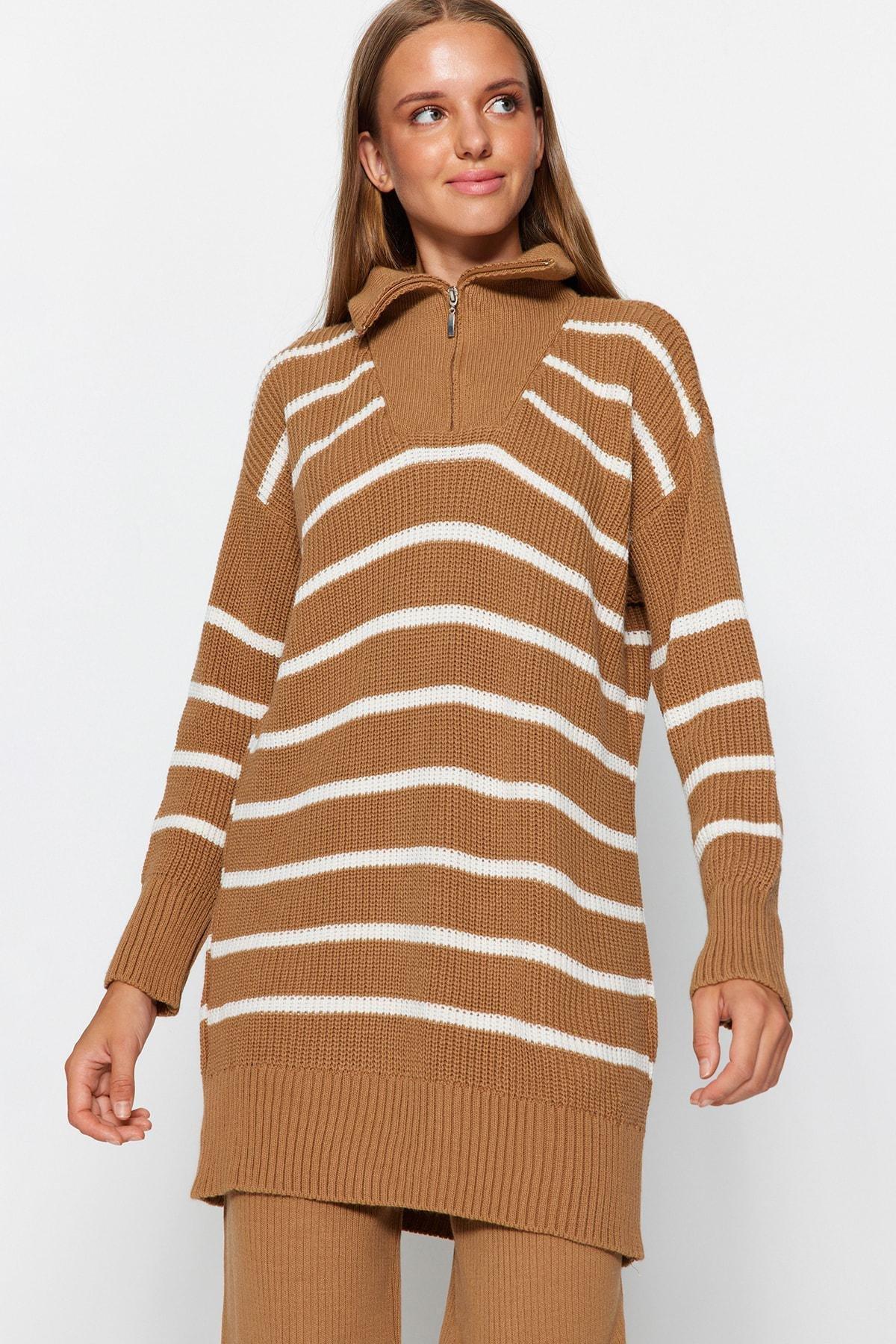 Brown Zipper Striped Knitwear Co-Ord, CAMEL, large image number 2