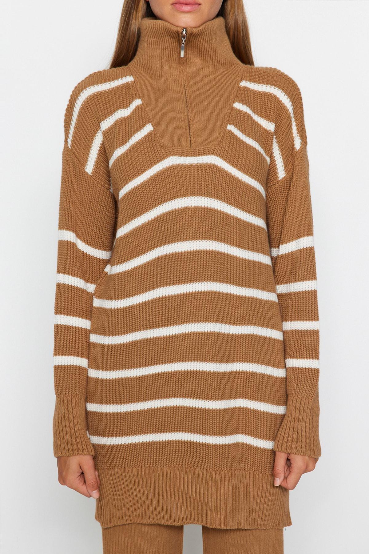 Brown Zipper Striped Knitwear Co-Ord, CAMEL, large image number 3