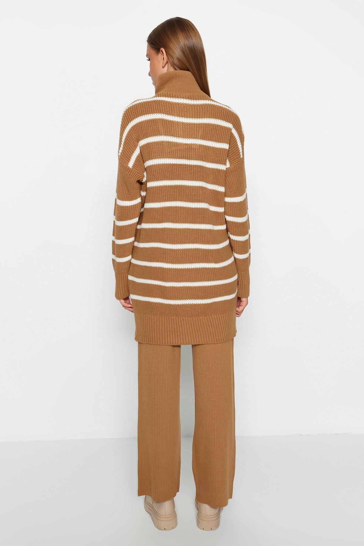 Brown Zipper Striped Knitwear Co-Ord, CAMEL, large image number 6