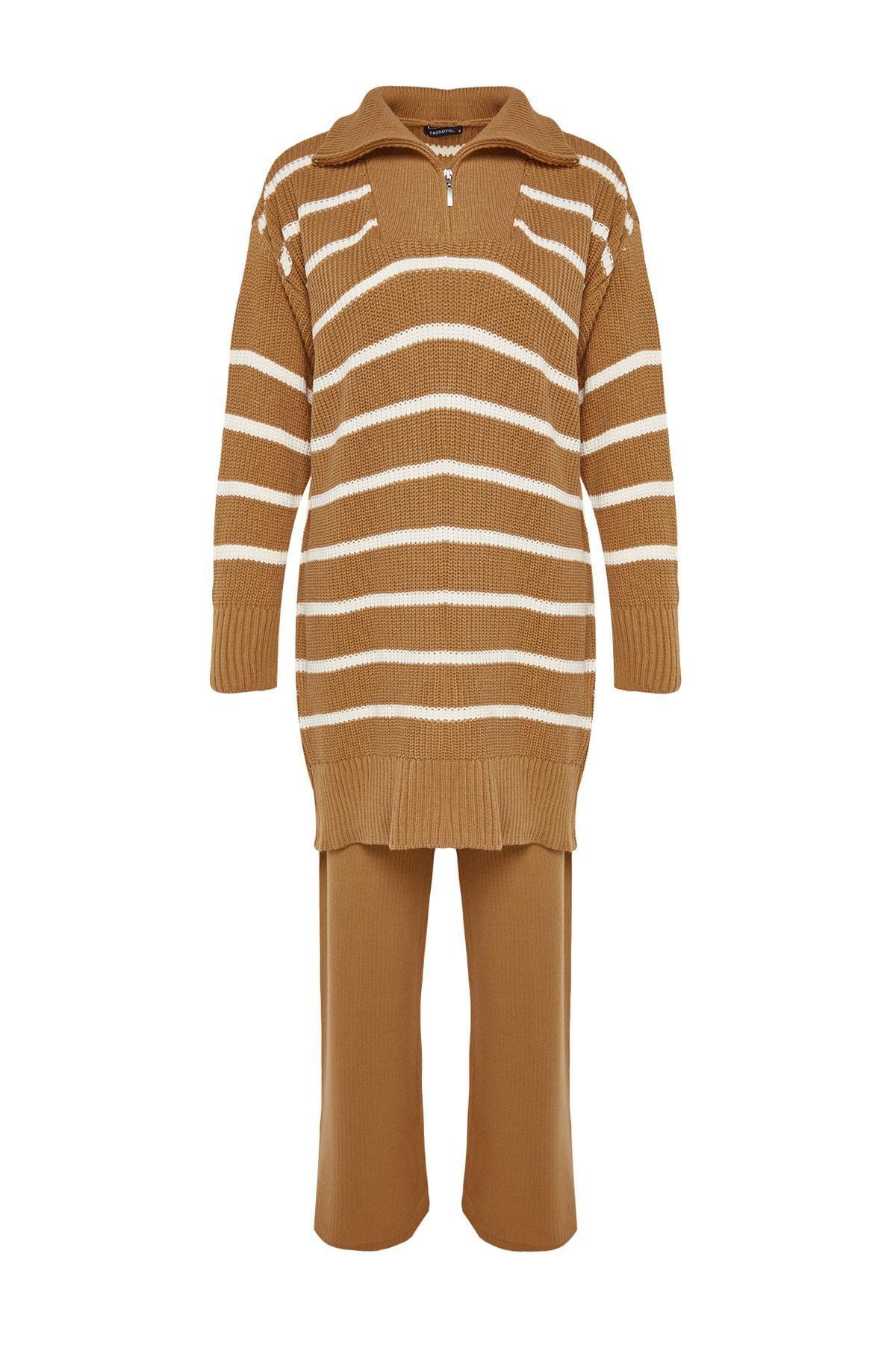 Brown Zipper Striped Knitwear Co-Ord, CAMEL, large image number 7