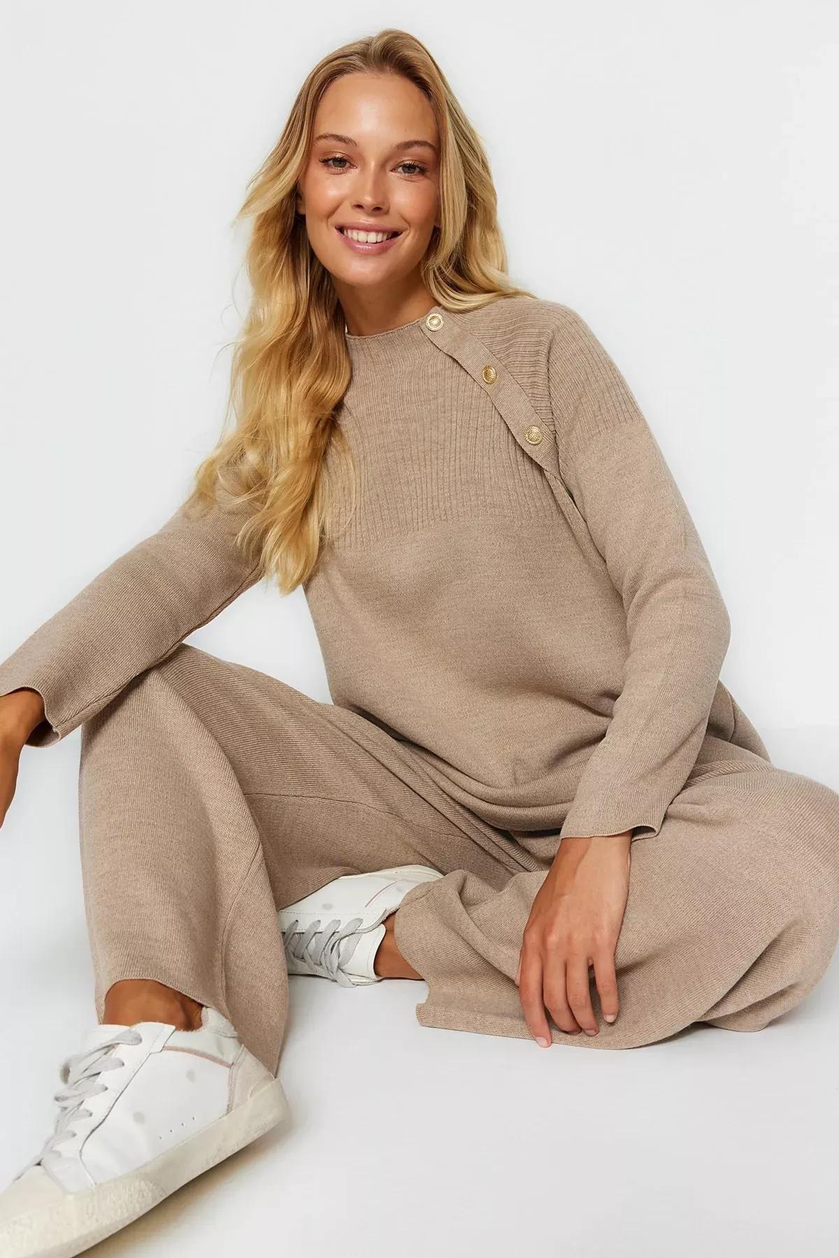 Beige Buttoned Knitted Co-Ord Set, Mink, large image number 0