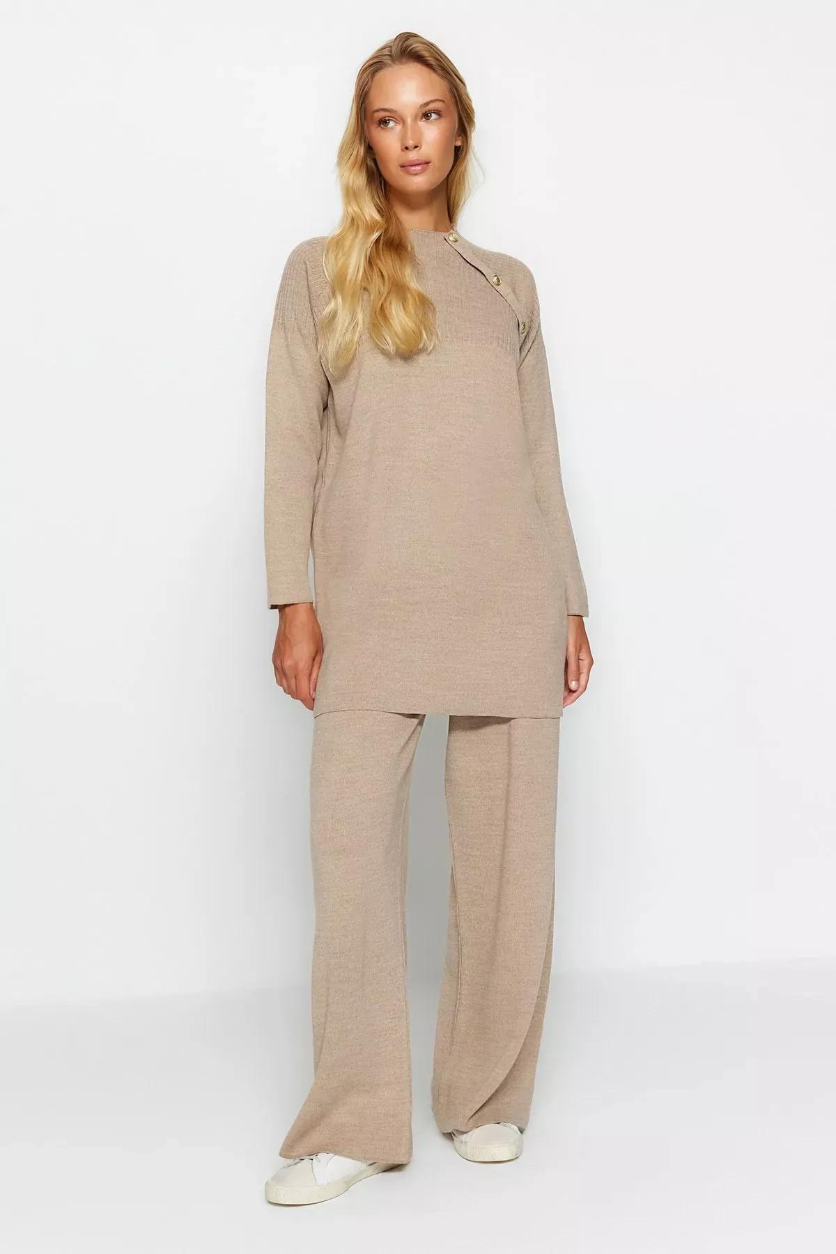 Beige Buttoned Knitted Co-Ord Set, Mink, large image number 2