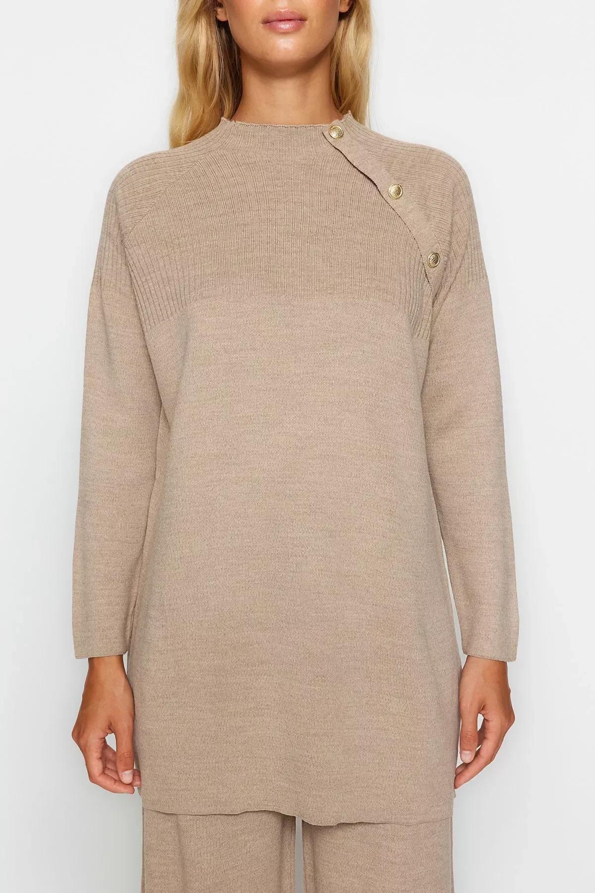 Beige Buttoned Knitted Co-Ord Set, Mink, large image number 4