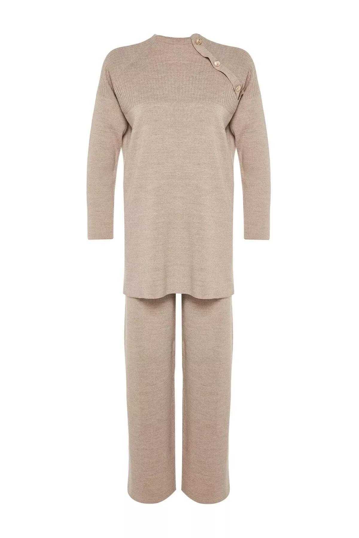 Beige Buttoned Knitted Co-Ord Set, Mink, large image number 7