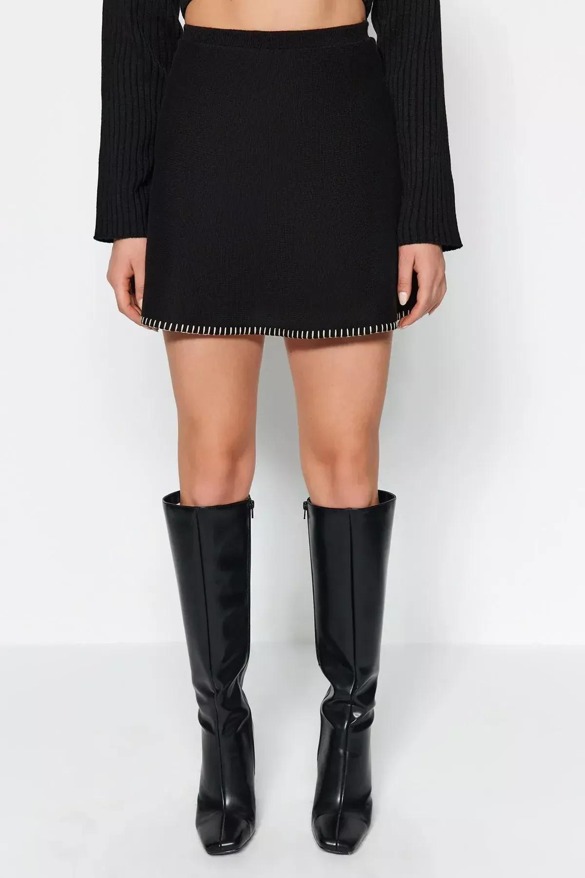 Black Mini Cotton Mixed Sweater Skirt, BLACK, large image number 3