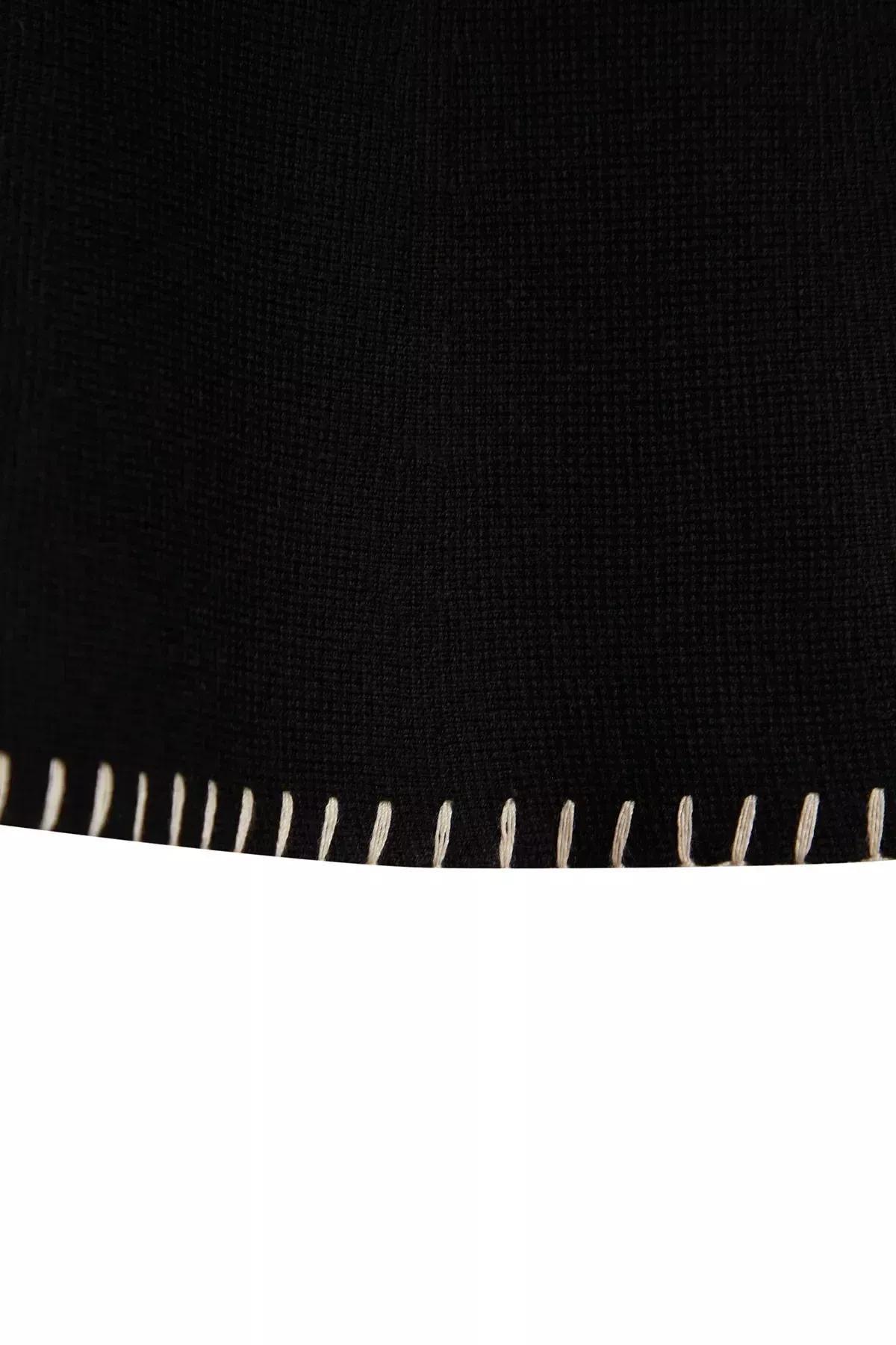 Black Mini Cotton Mixed Sweater Skirt, BLACK, large image number 6