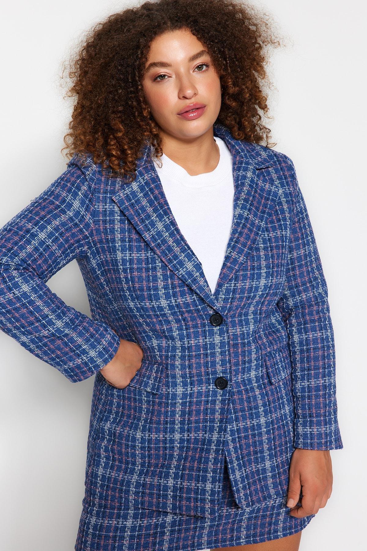 Blue Checked Buttoned Jacket, Indigo, large image number 1
