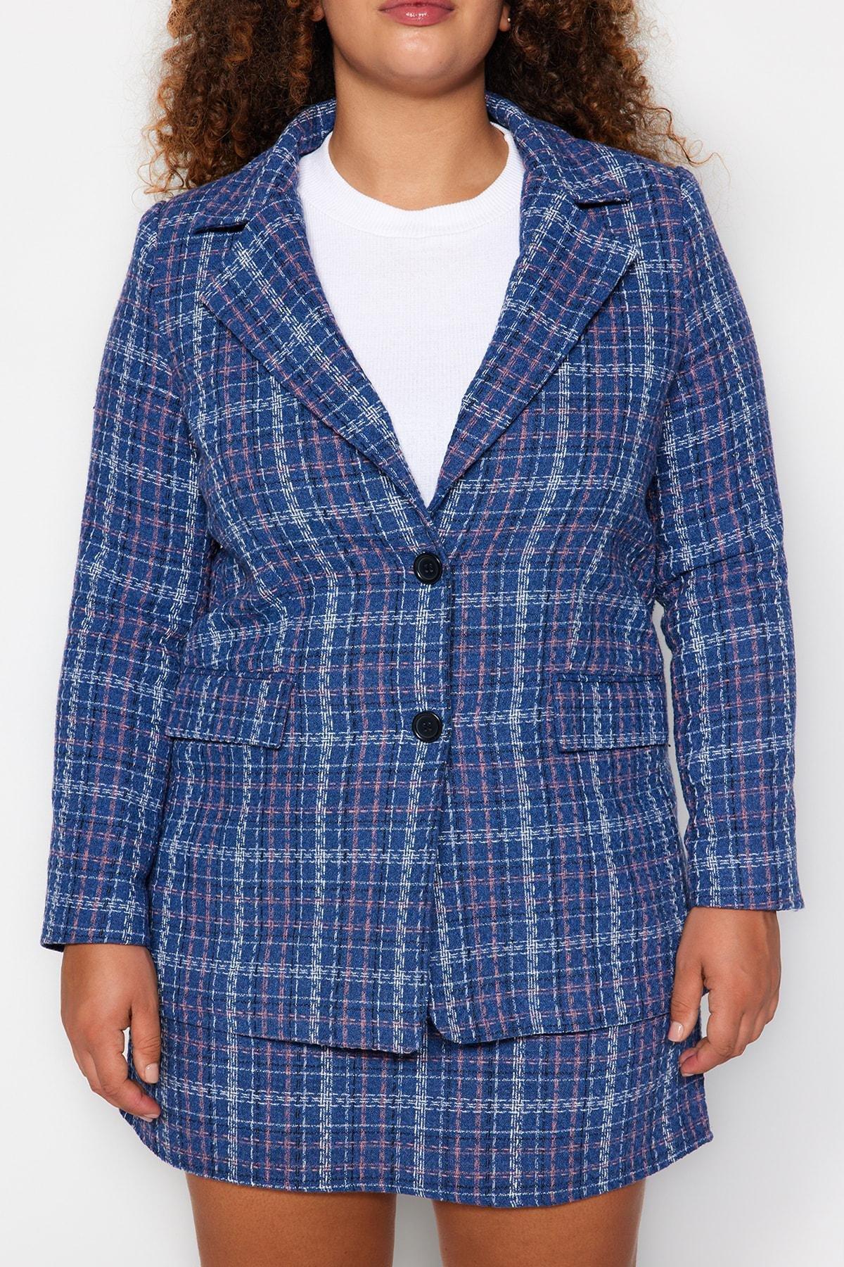 Blue Checked Buttoned Jacket, Indigo, large image number 3