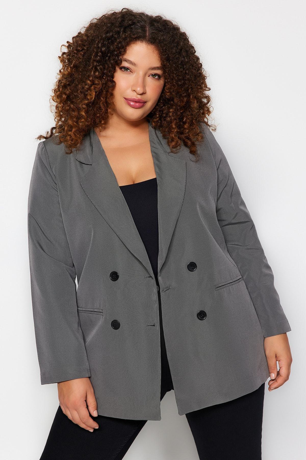 Grey Double Breasted Closure Blazer Jacket, , large image number 0