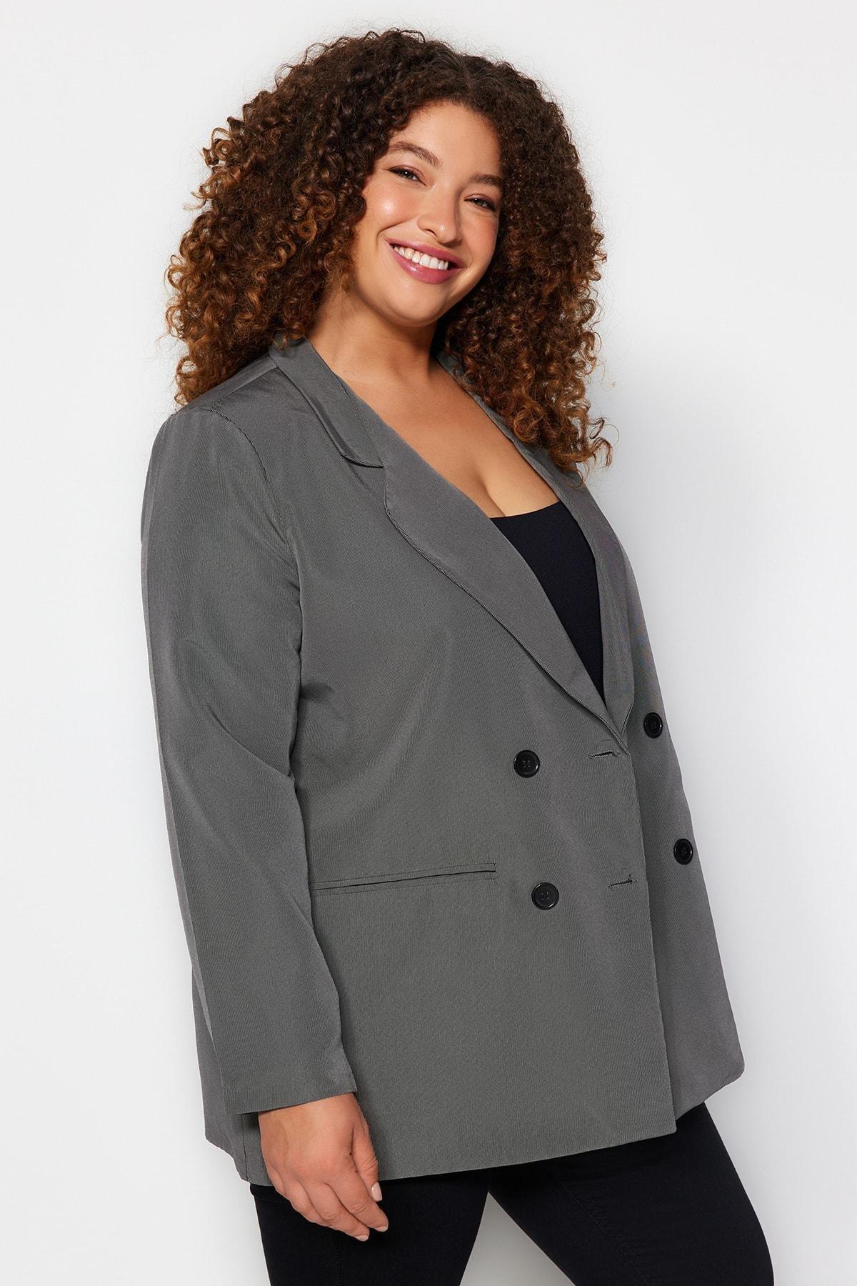 Grey Double Breasted Closure Blazer Jacket, , large image number 1