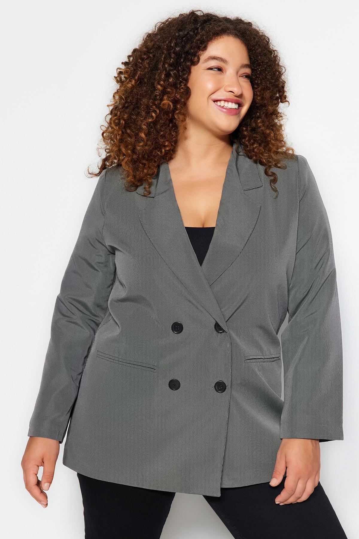 Grey Double Breasted Closure Blazer Jacket, , large image number 2