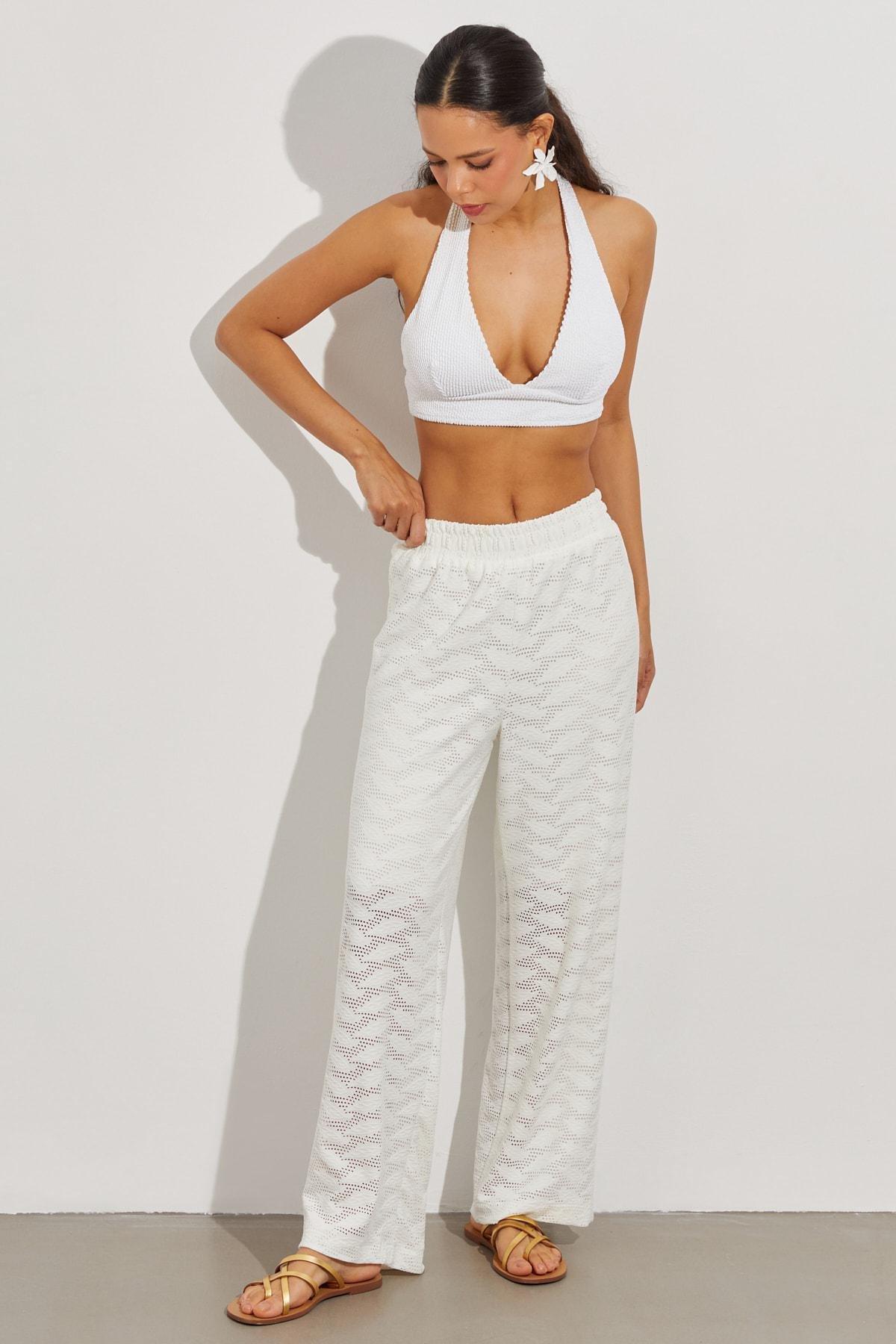 White Elastic Waist Half-Lined Broder Trousers, White, large image number 0