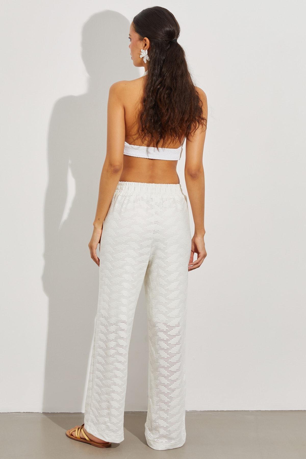 White Elastic Waist Half-Lined Broder Trousers, White, large image number 5