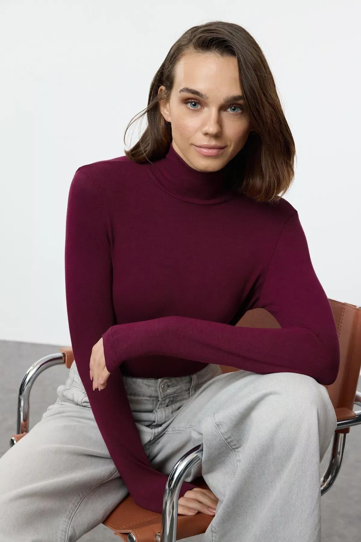 Burgundy Fitted Turtleneck Knit Blouse, , large image number 0