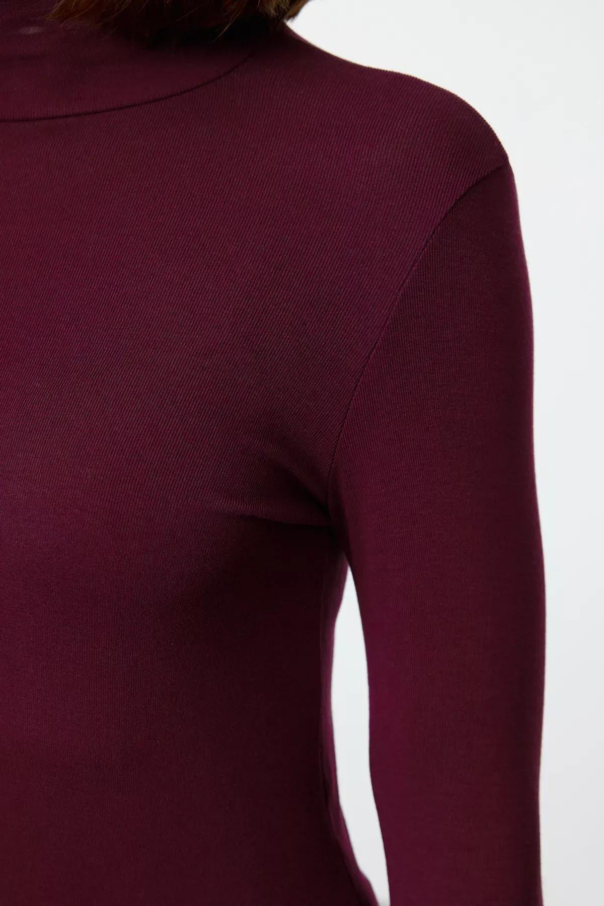 Burgundy Fitted Turtleneck Knit Blouse, , large image number 3