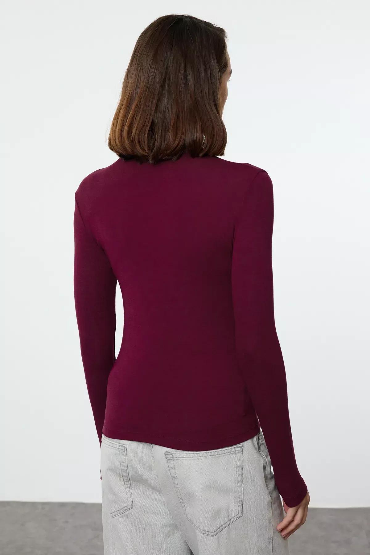 Burgundy Fitted Turtleneck Knit Blouse, , large image number 4
