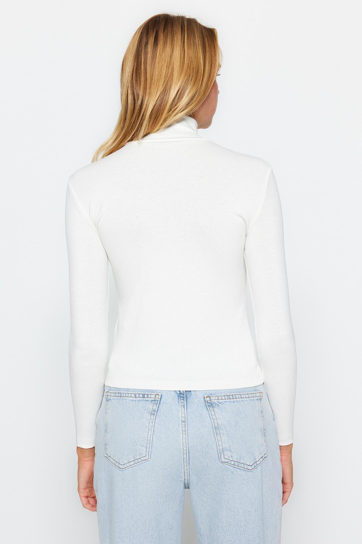 White Turtleneck Fitted Knitted Blouse, , large image number 4