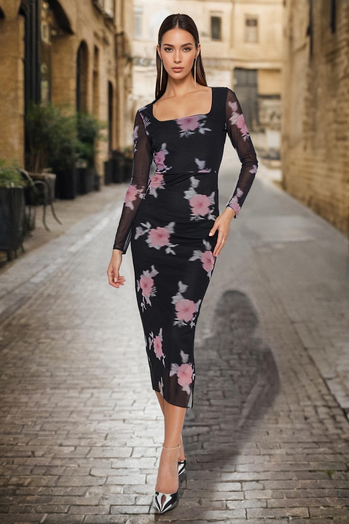 Black Floral Bodycon Dress, , medium