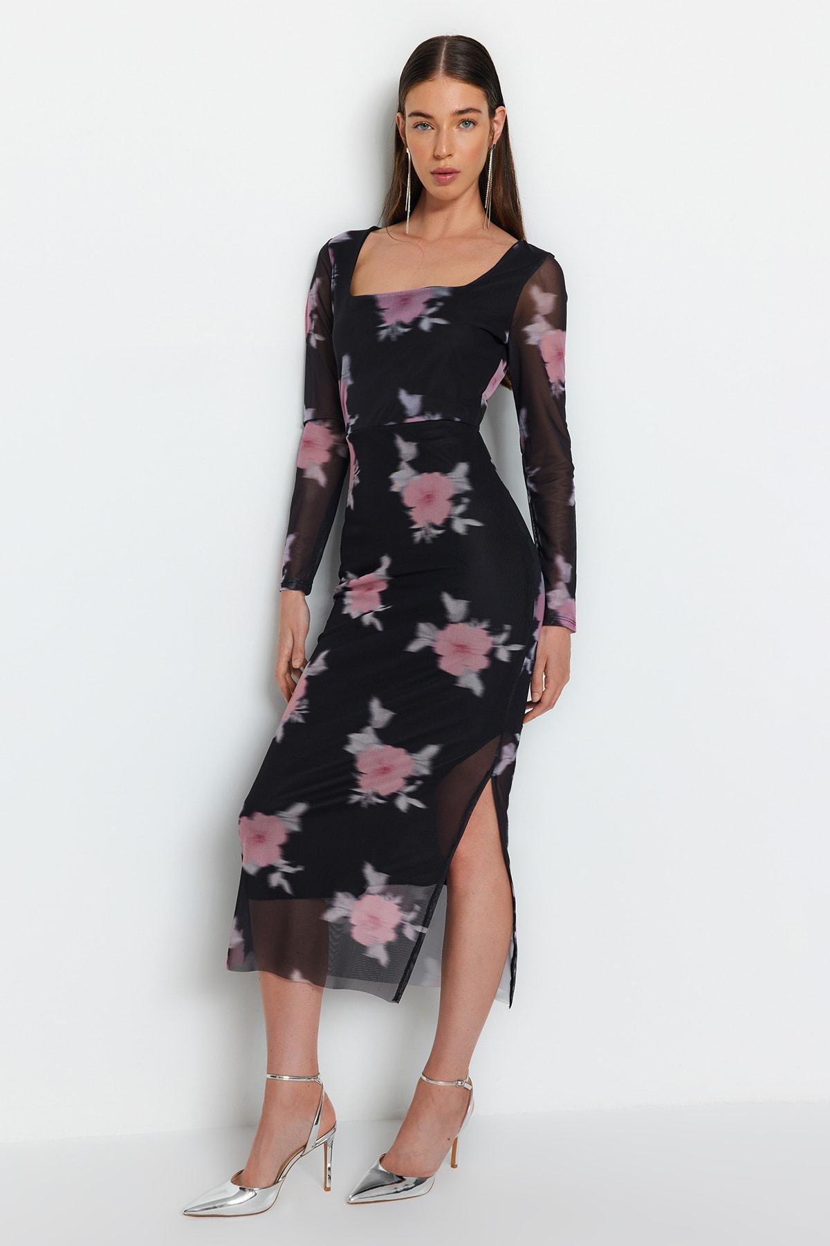 Black Floral Bodycon Dress, , large image number 1