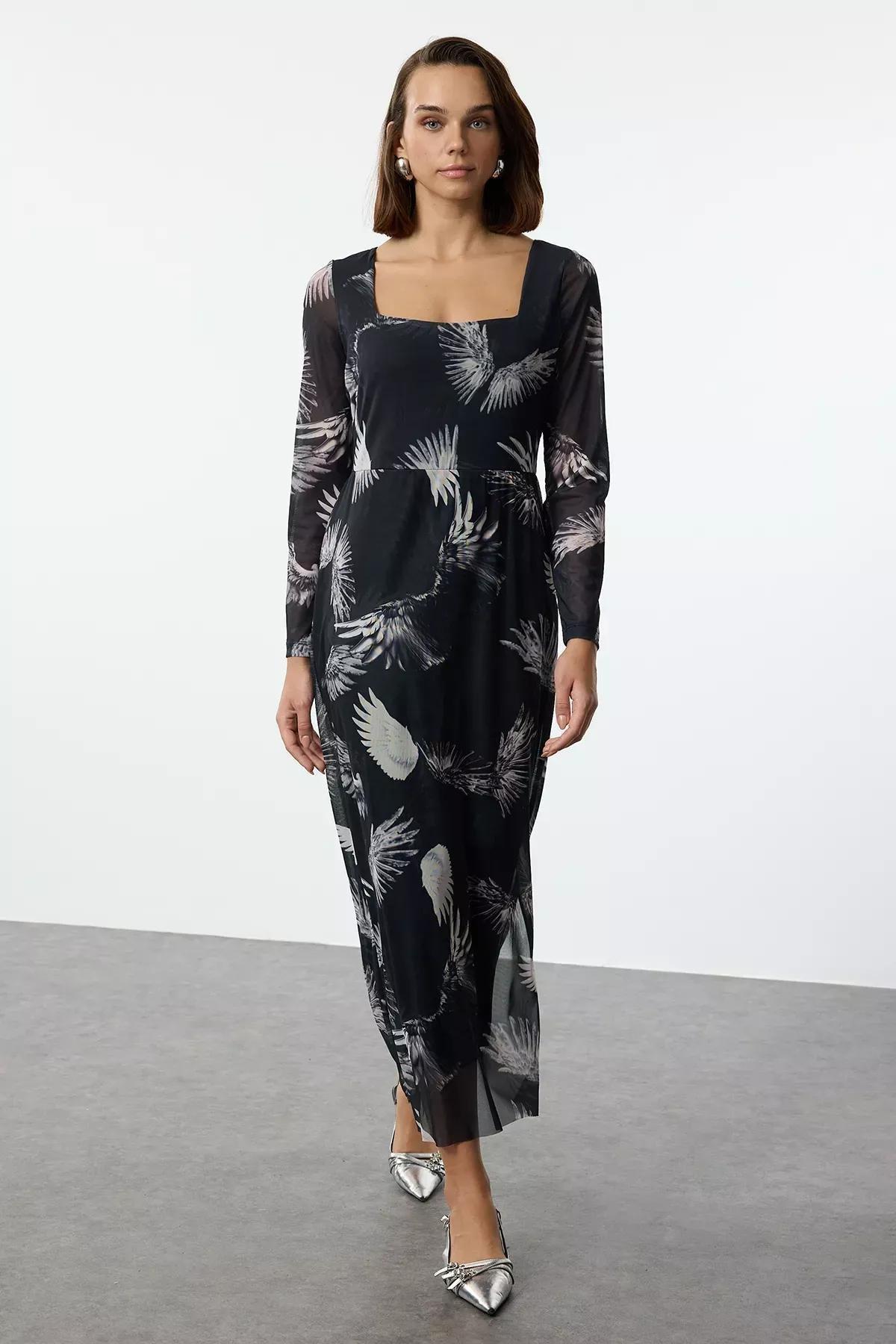 Navy Tulle Floral Maxi Pencil Dress, , large image number 0