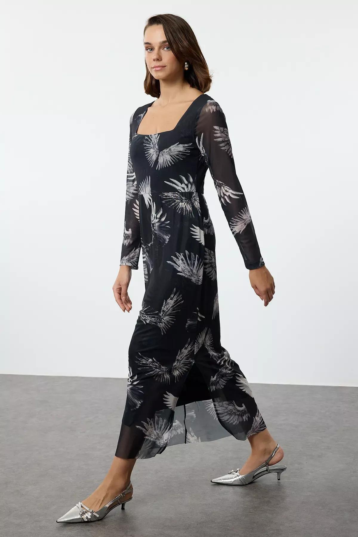 Navy Tulle Floral Maxi Pencil Dress, , large image number 1