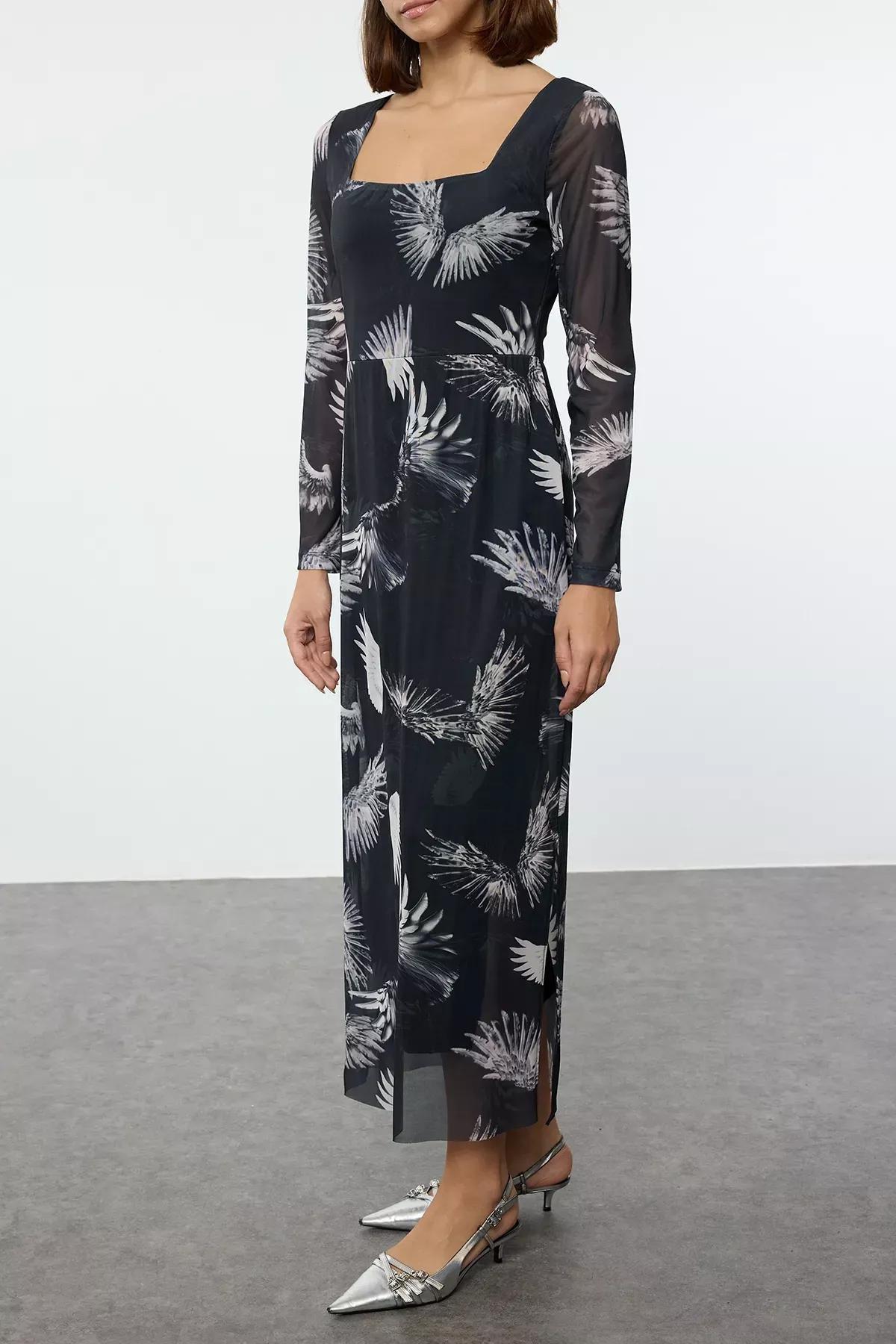 Navy Tulle Floral Maxi Pencil Dress, , large image number 2