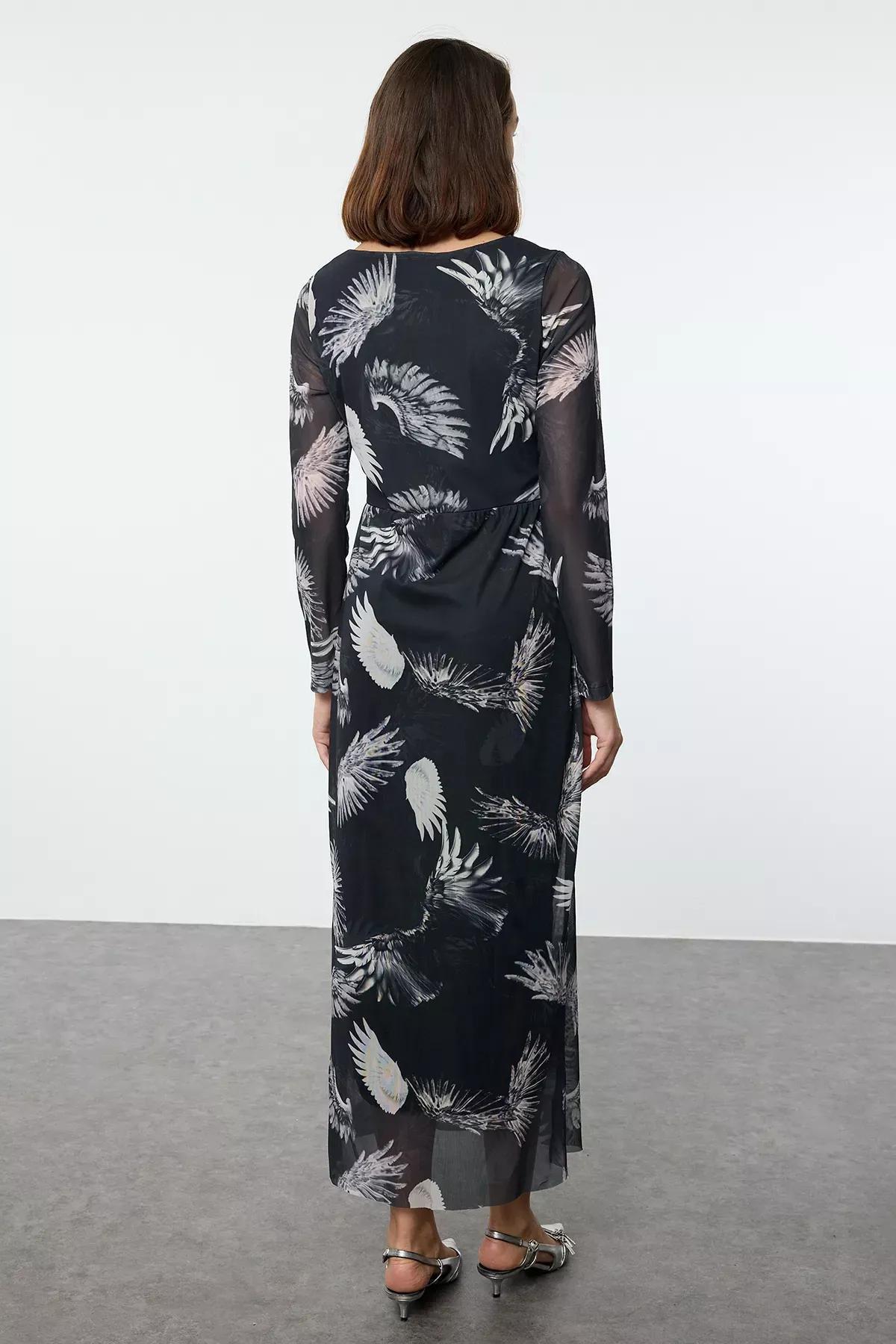 Navy Tulle Floral Maxi Pencil Dress, , large image number 4
