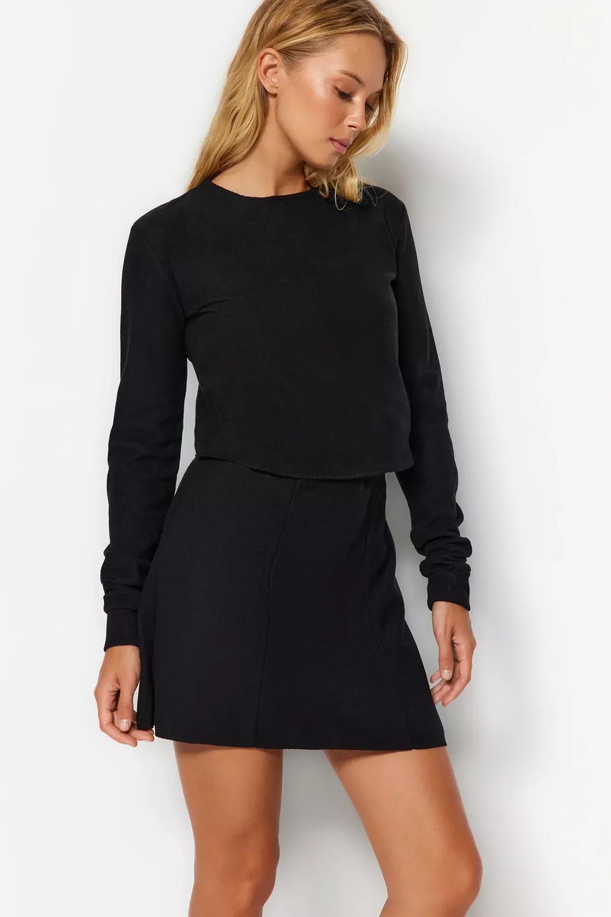 Black Off-Shoulder Crop Knitted Blouse, BLACK, large image number 0