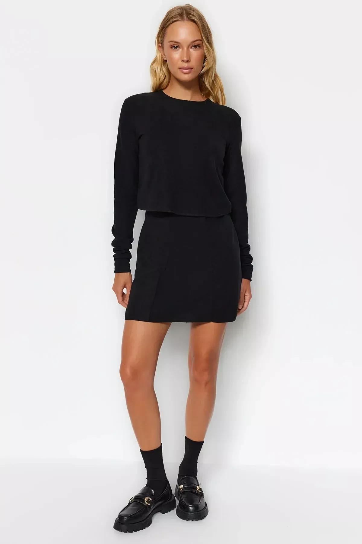 Black Off-Shoulder Crop Knitted Blouse, BLACK, large image number 2