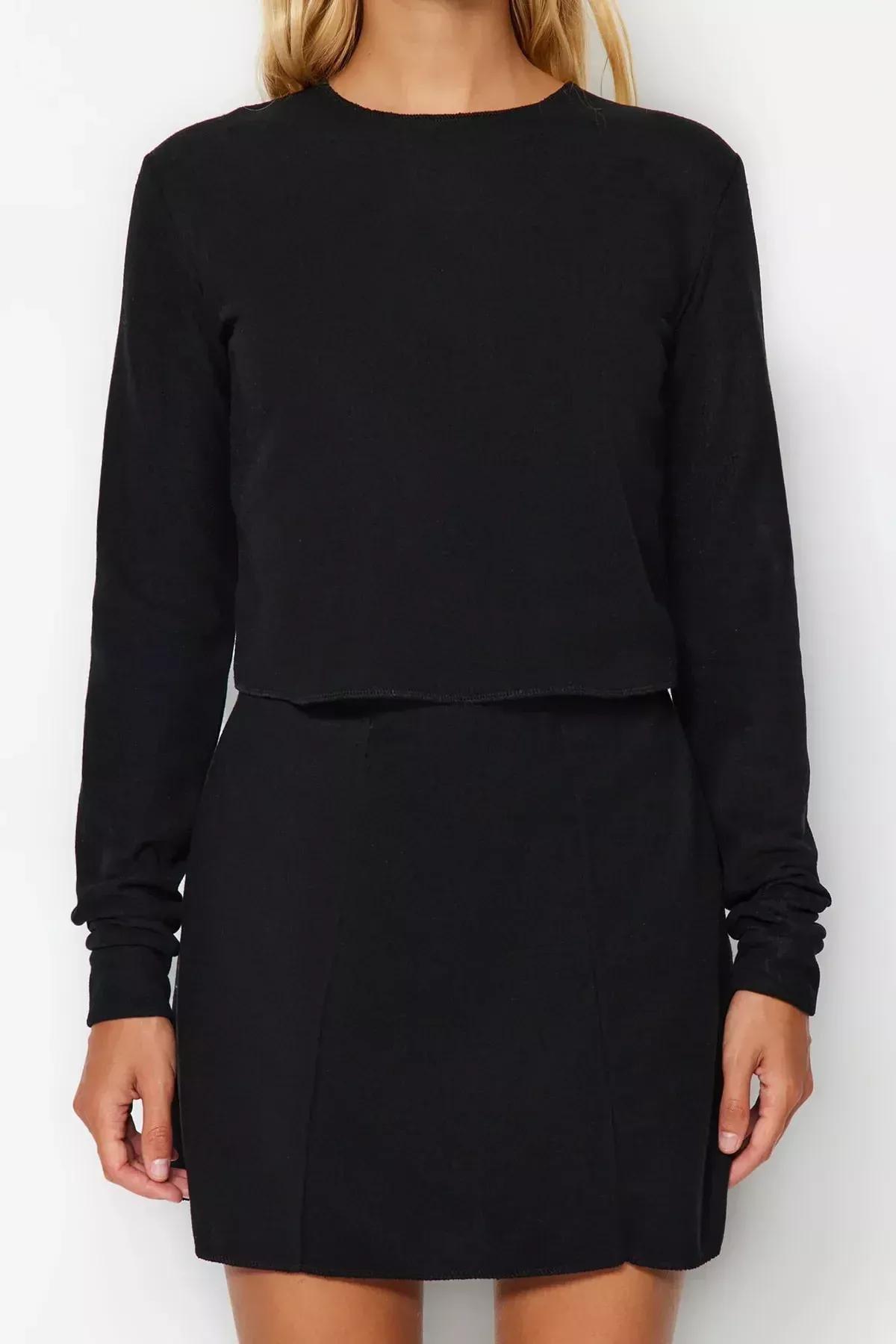 Black Off-Shoulder Crop Knitted Blouse, BLACK, large image number 3