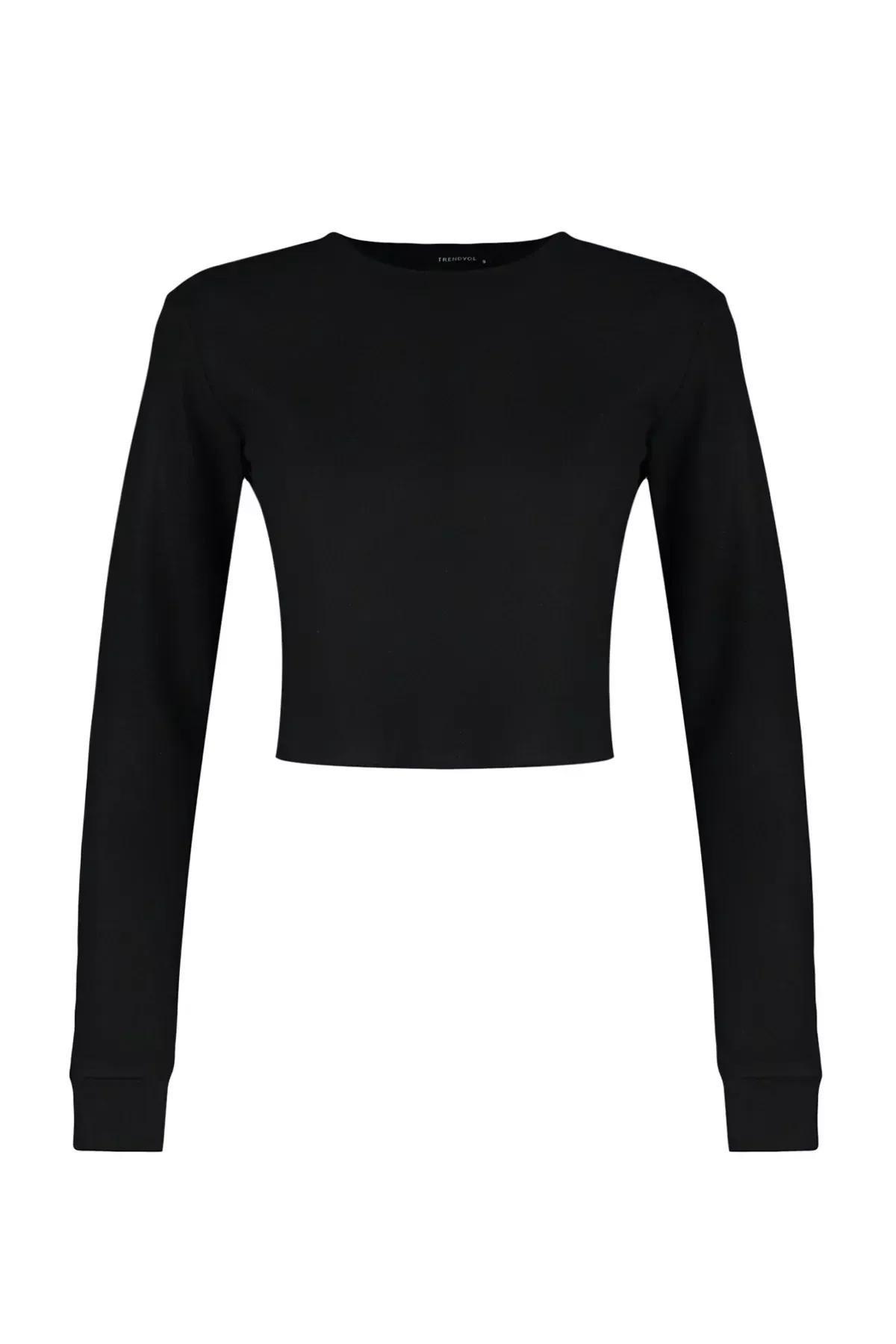 Black Off-Shoulder Crop Knitted Blouse, BLACK, large image number 4