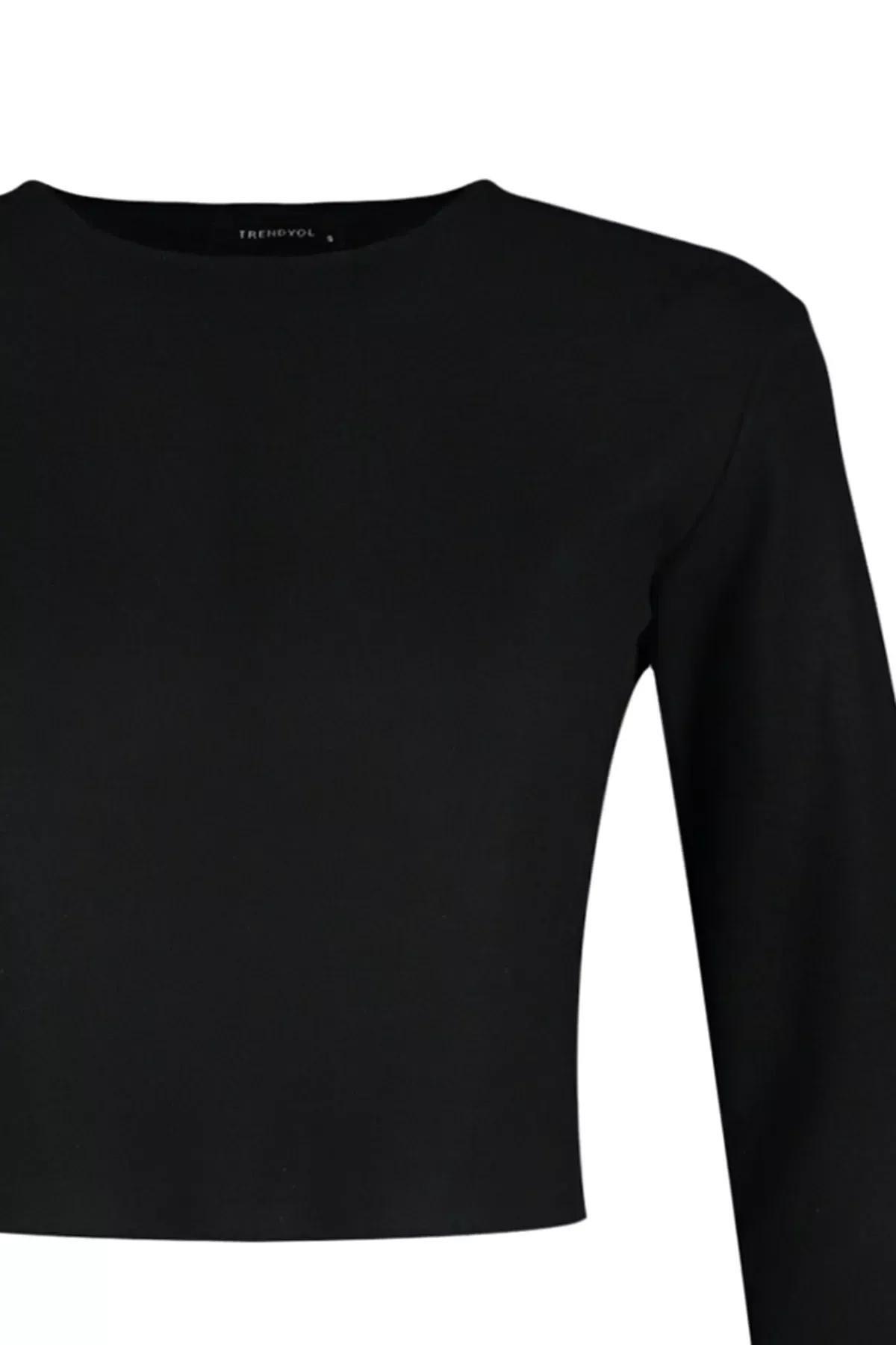 Black Off-Shoulder Crop Knitted Blouse, BLACK, large image number 5