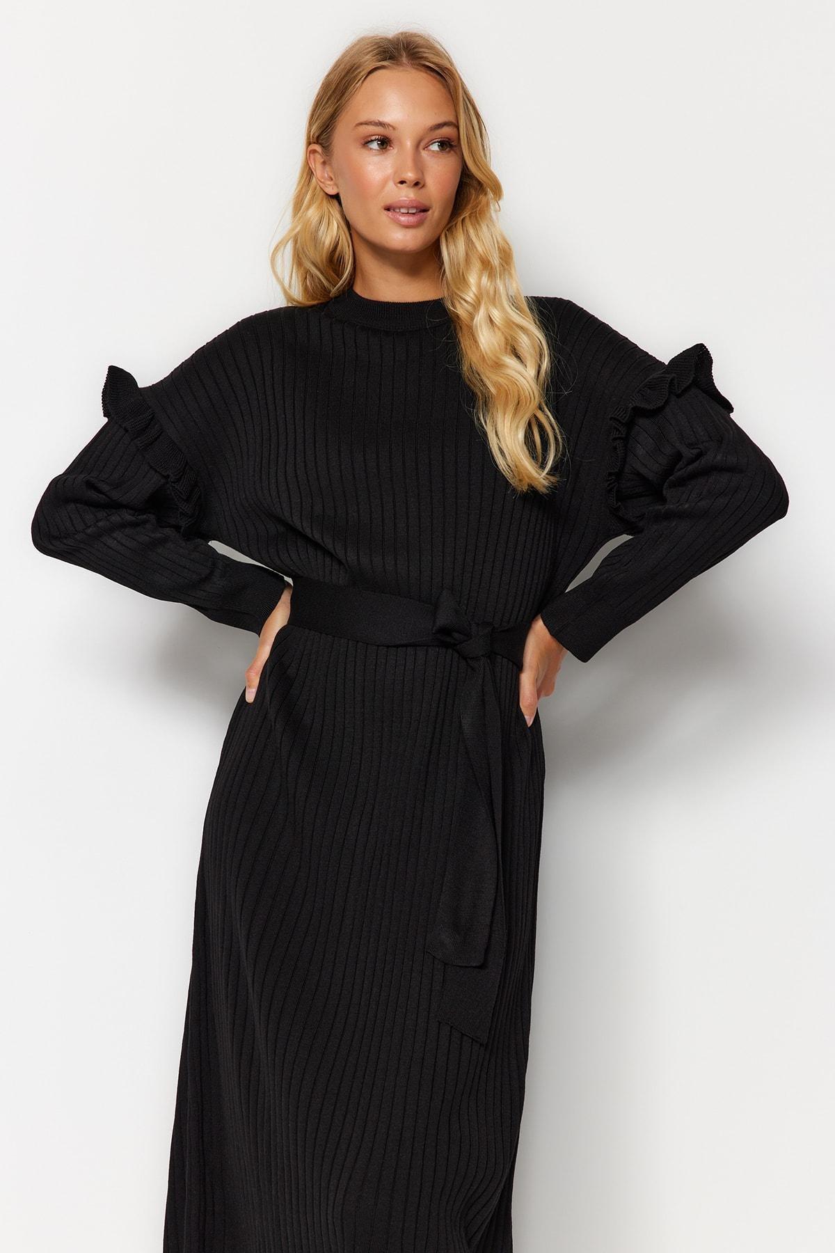 Black Detailed Black Knitted Dress, , large image number 0