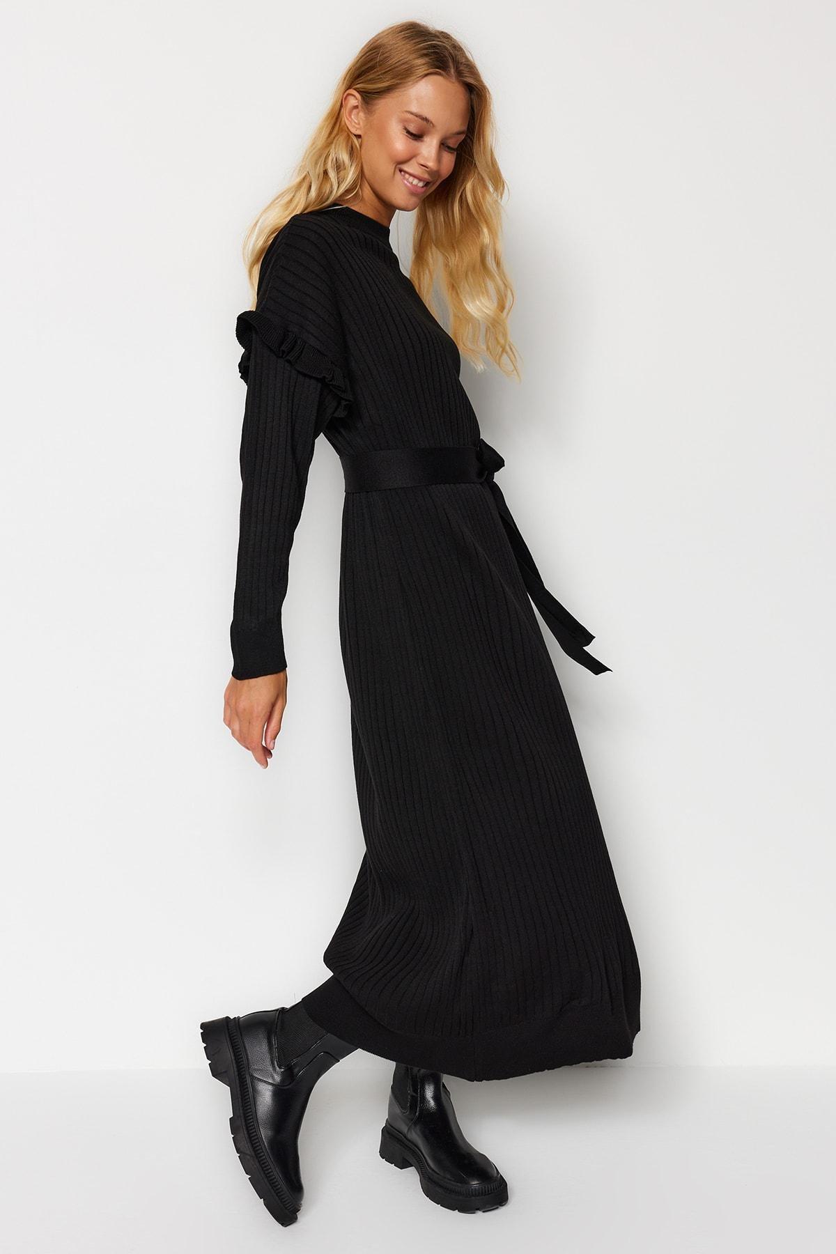 Black Detailed Black Knitted Dress, , large image number 1