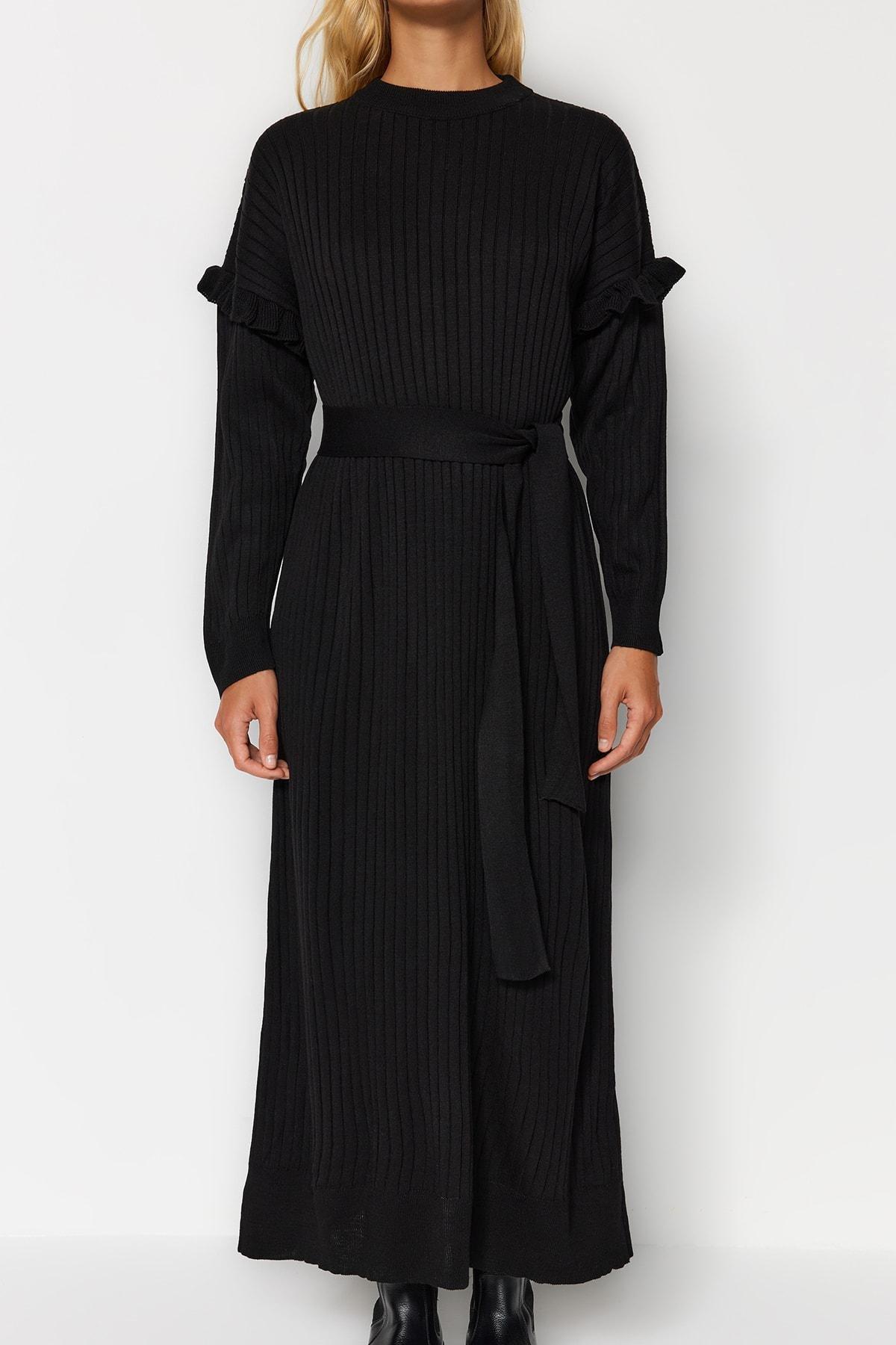Black Detailed Black Knitted Dress, , large image number 3