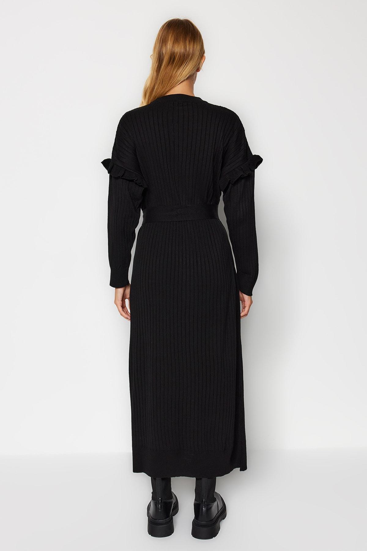 Black Detailed Black Knitted Dress, , large image number 4