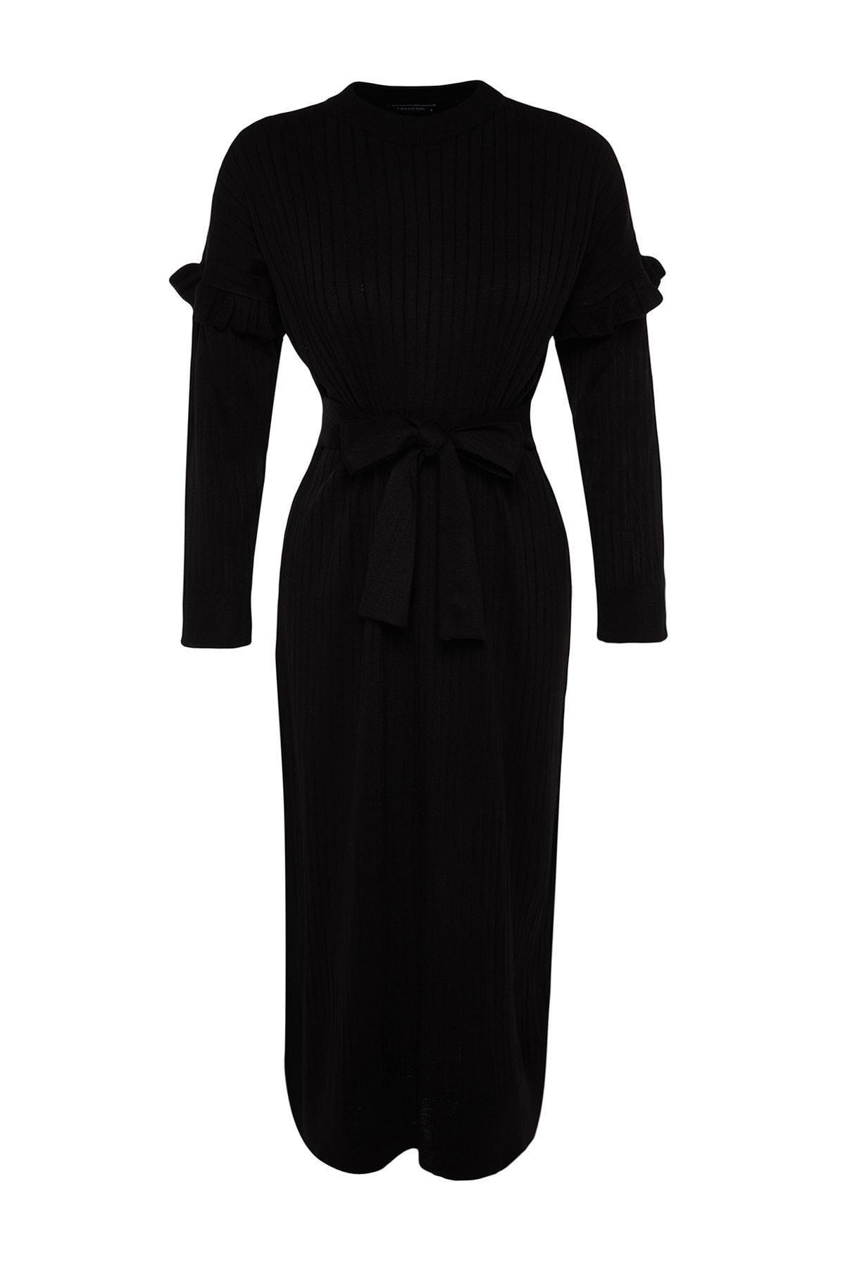 Black Detailed Black Knitted Dress, , large image number 5