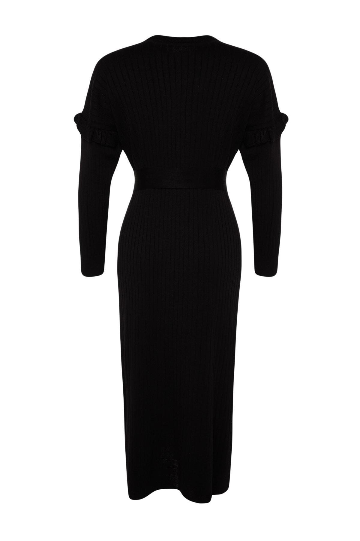 Black Detailed Black Knitted Dress, , large image number 7