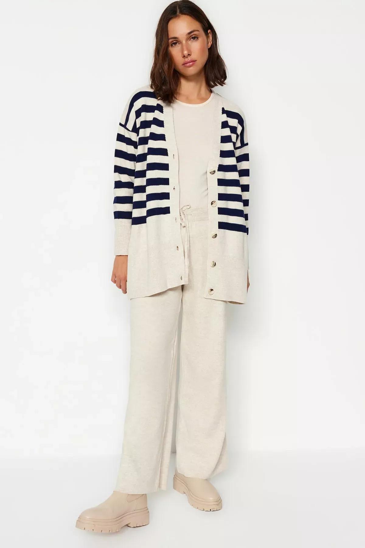 Beige Buttoned Striped Knitwear Co-Ord Set, Beige, large image number 1