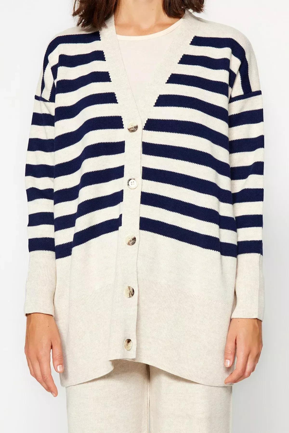 Beige Buttoned Striped Knitwear Co-Ord Set, Beige, large image number 2